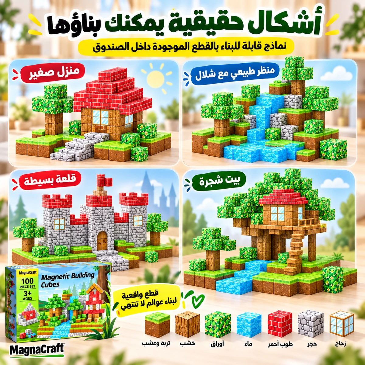 أمثلة لبيت وشلال وقلعة وبيت شجرة من المكعبات المغناطيسية التعليمية MagnaCraft